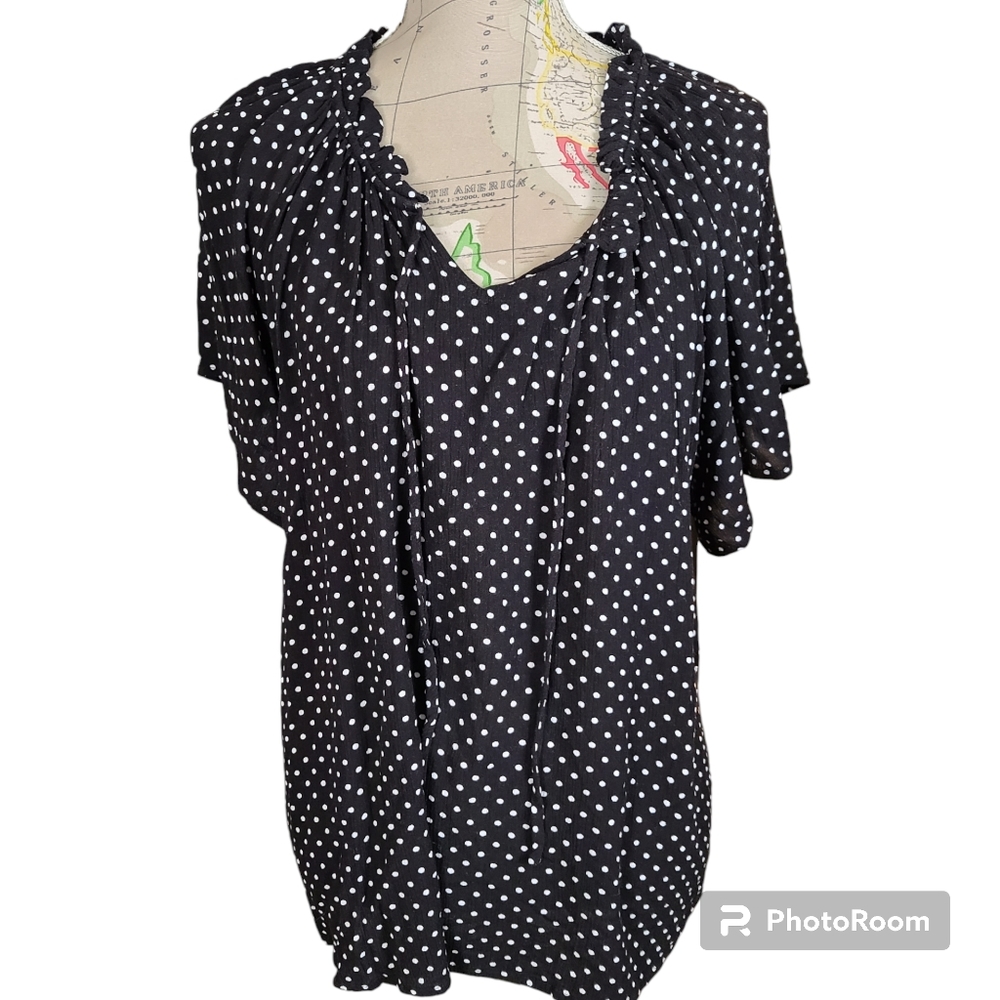 MOD Lusive Black White Polka Dot Short Flutter Sleeves V-Necktie Blouse Size 1X